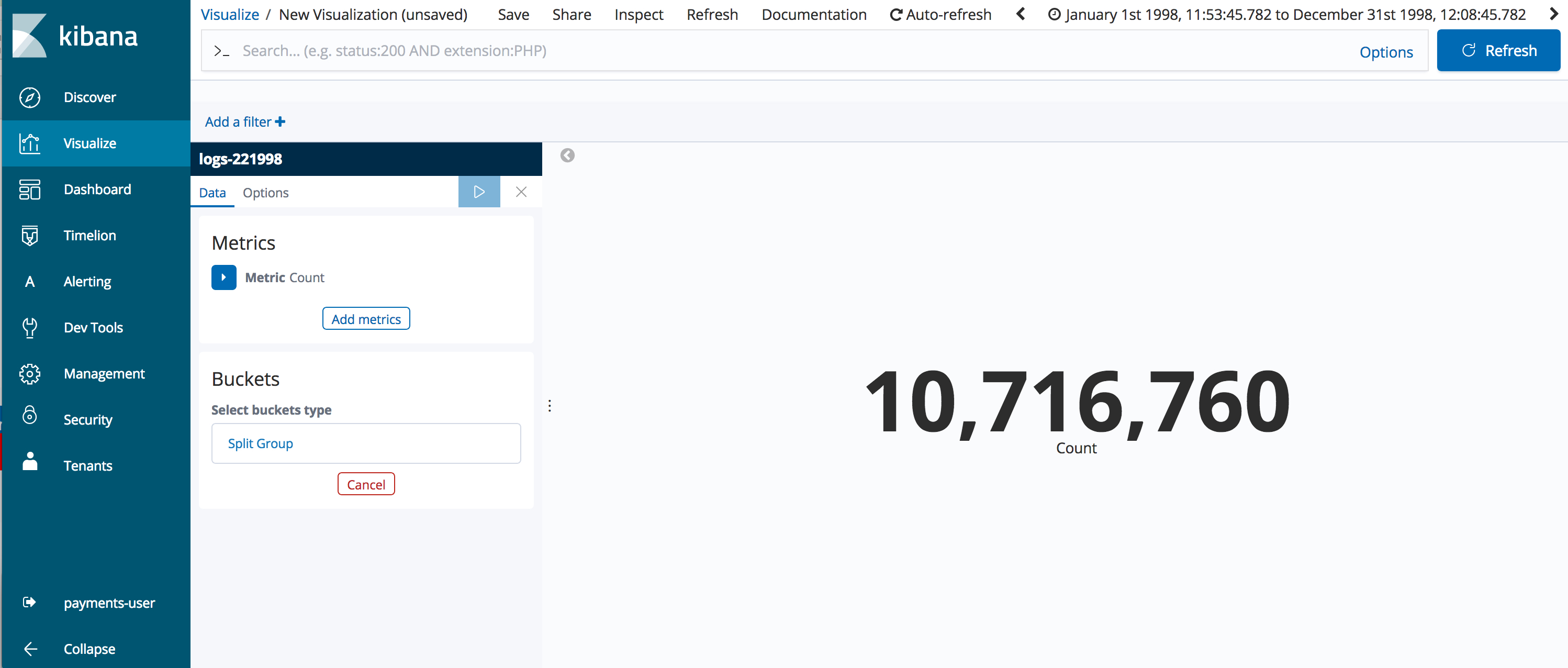 A simple metric visualization in Kibana, with the value 10,716,760