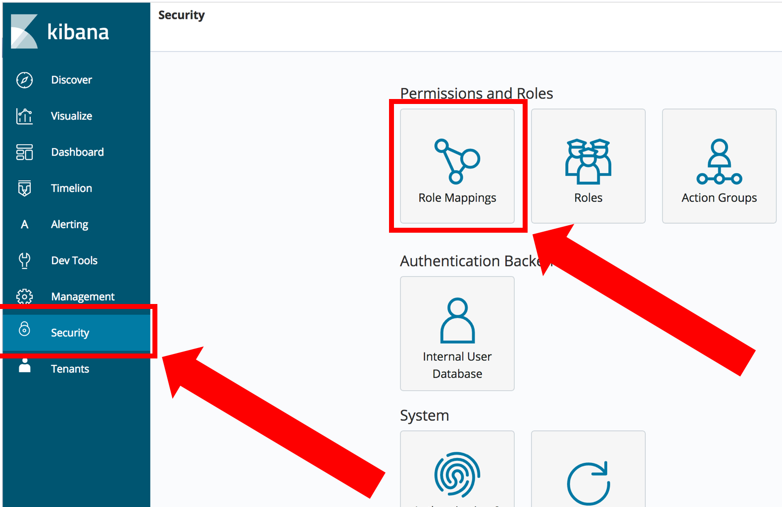 Open Distro for Elasticsearch Security plugin, main panel, selecting the role mappings button