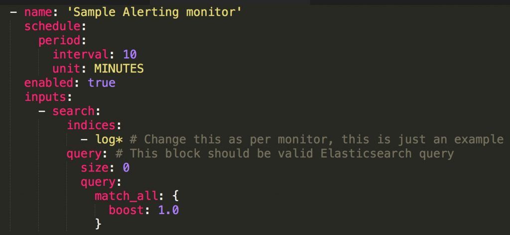 A portion of the YML for specifying a monitor in Open Distro for Elasticsearch