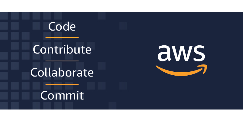 AWS image for OSCON with the words code, contribute, collaborate, commit.
