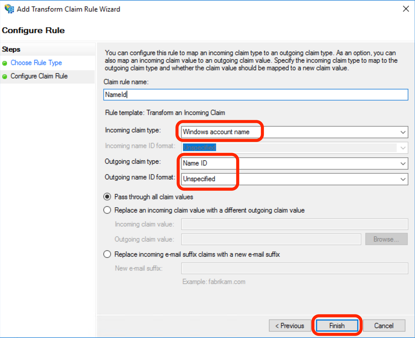 Configure name id rule