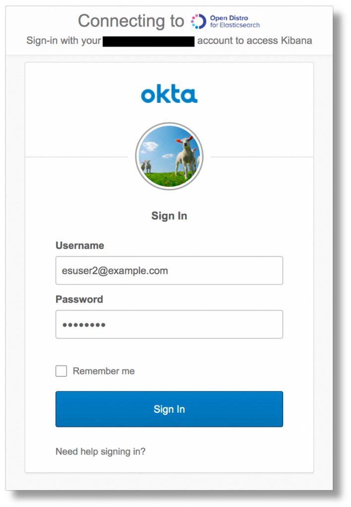 The OKTA login screen for logging in to Open Distro For Elasticsearch Kibana