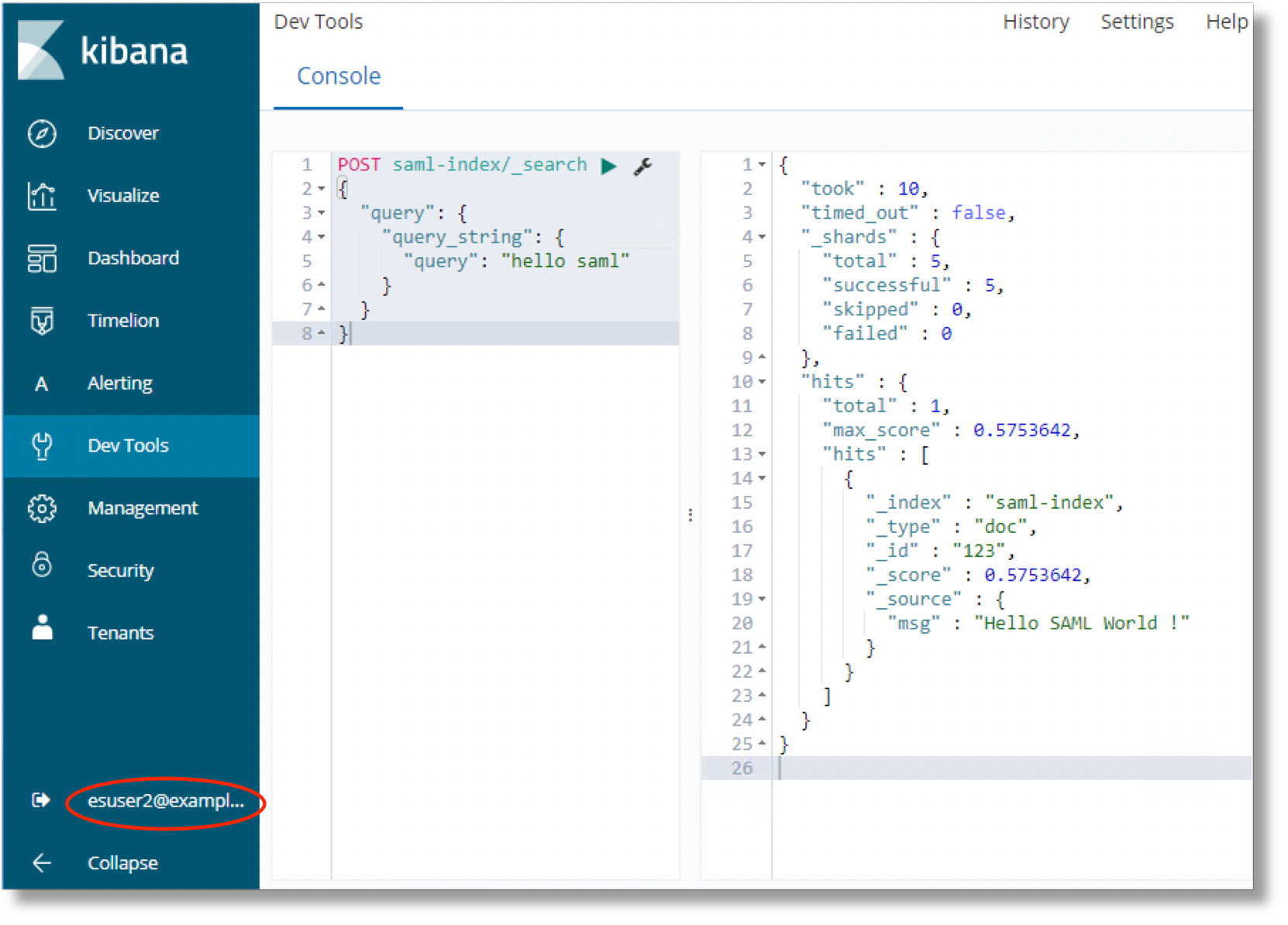 kibana esuser2 read screenshot