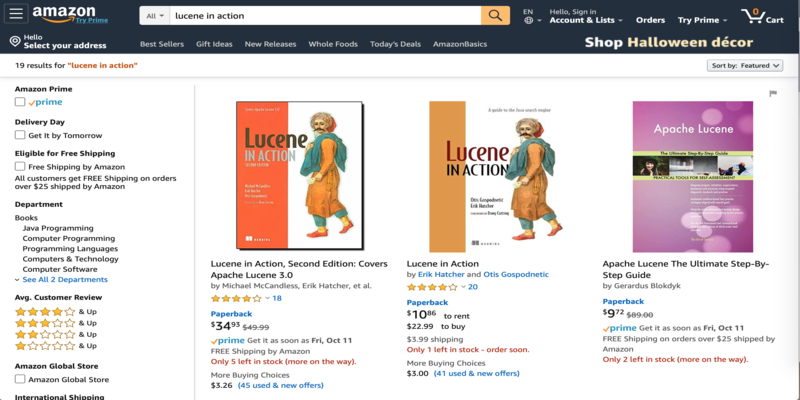 在 Amazon 中搜索 Lucene in action 截屏。