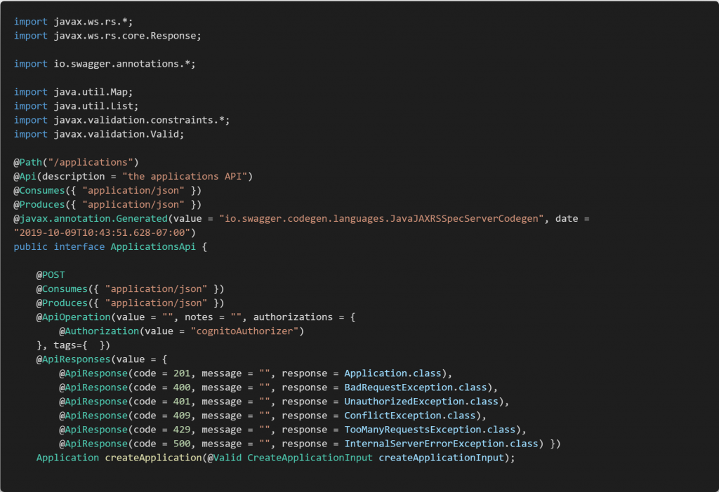 Java Interface generated from the API spec.