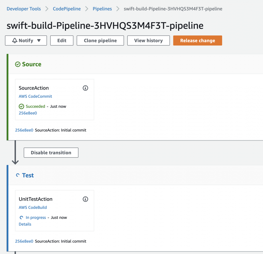 显示 CodeCommit 存储库中更改和启动的屏幕截图