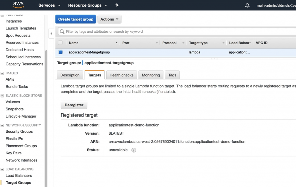 您可以导航到 AWS EC2 控制台，看看 AWS Lambda 函数是否已与目标关联。