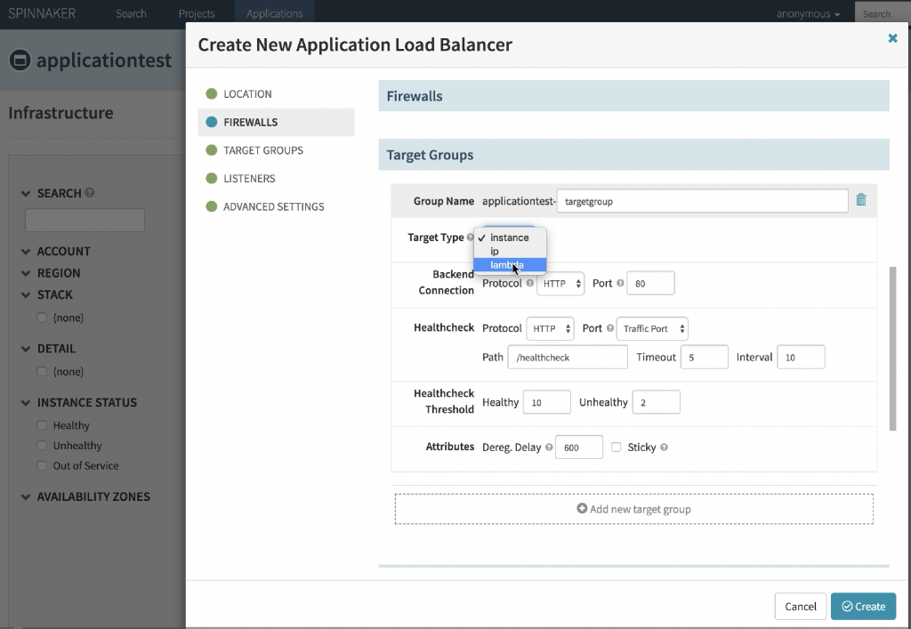 Change the Path from */healthcheck* to */*, and click *Create*. This will create an ALB, and a target group with AWS Lambda as the target type.