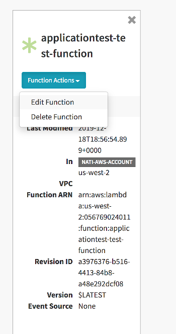 Clicking the *Function Actions* button corresponding to an individual AWS Lambda function lets you access the *Edit Function* details page