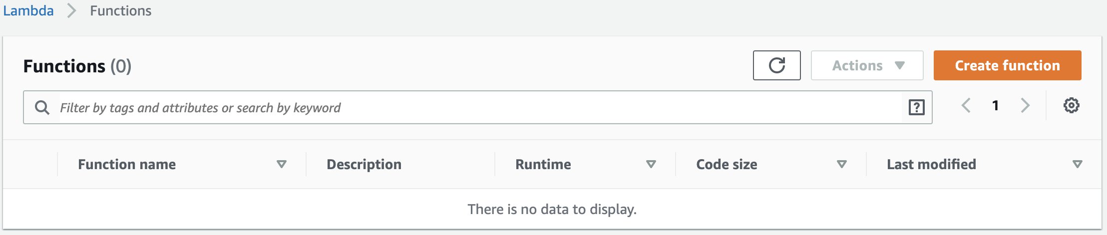 Screen capture of the AWS Lambda conslue and where to click create function