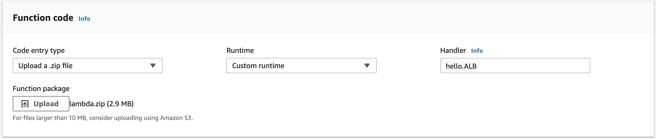 Screenshot that shows where to click to upload it under the function package and select the lambda.zip from the my_lambda folder, and hitting save to upload your package.