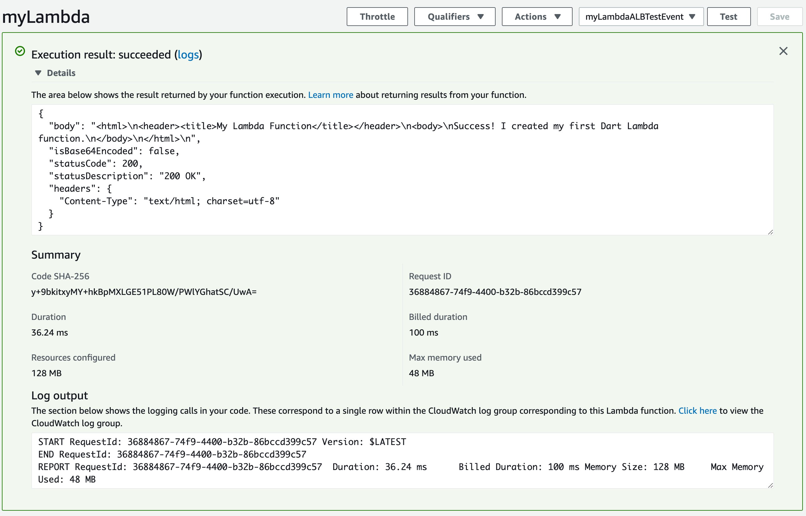 Click on the test button to trigger the test event. Expanding the Details of the execution displays a successful response to the request, containing the example HTTP response body.