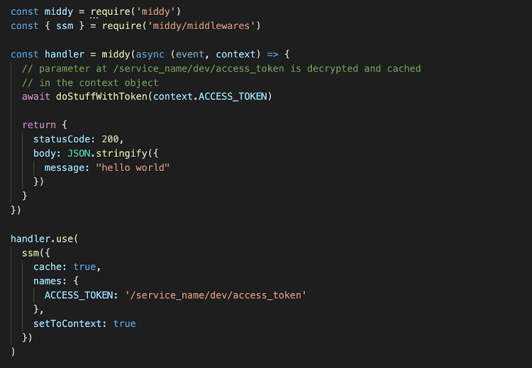 Output showing: Access secrets through the context object inside the handler code.