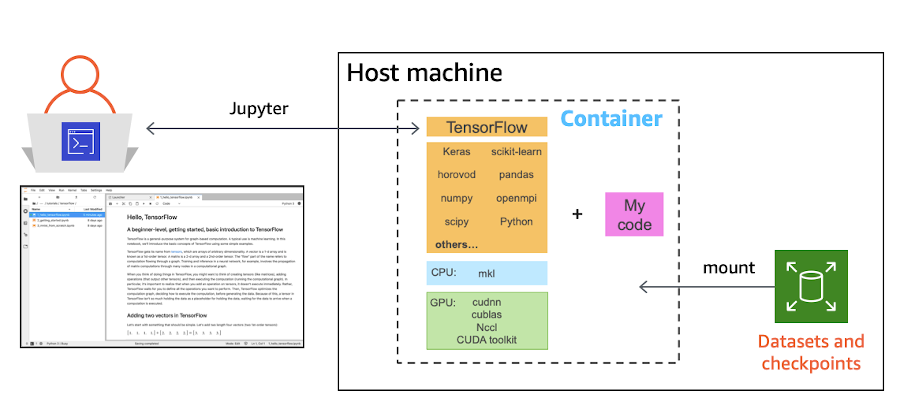 diagram of host machine, container, code, and datasets and checkpoints