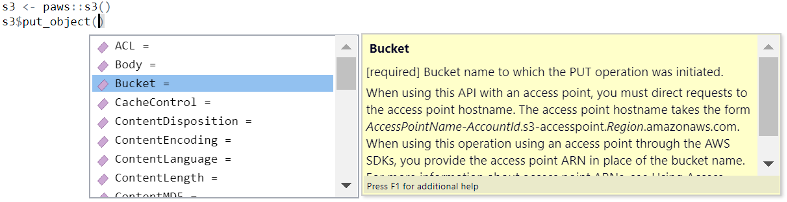 AWS 上的 R：适用于 AWS 的 RStudio 工具提示的屏幕截图