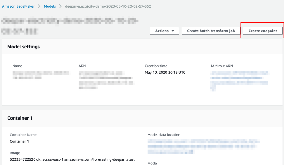 Once you have a model, deploying it to an endpoint is as simple as clicking “Create endpoint” on the console or using the SageMaker or Amazon Python SDK Boto3 with the appropriate input parameters.