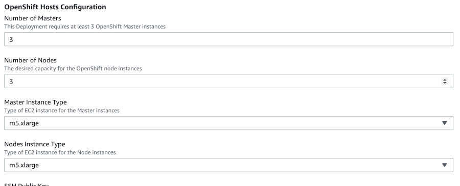 OpenShift Hosts Configuration with 3 number of masters, 3 nodes, master instance type m5.xlarge, nodes instance type m5.xlarge