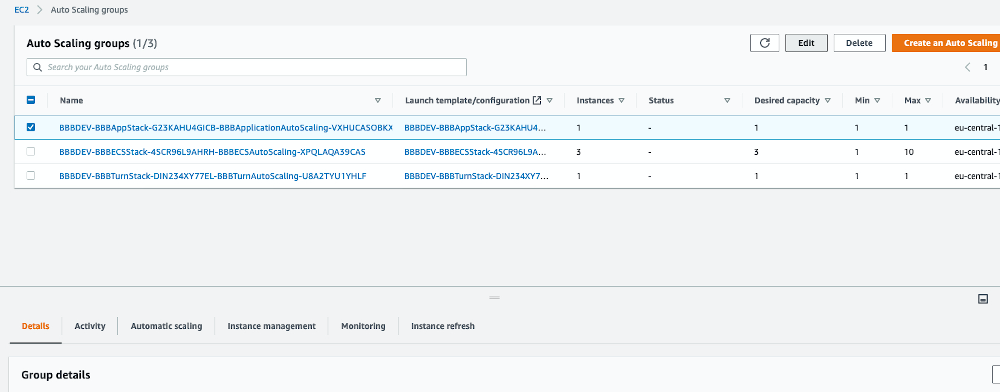 We’re looking for the Auto Scaling Group containing “-BBBAppStack-” in its name. We select it (screenshot) and click on “Edit”