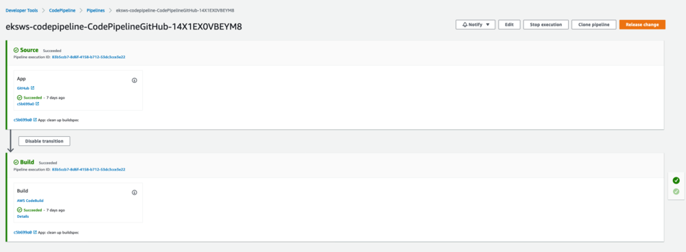 Screenshot of the AWS CodePipeline console where the user is checking the pipeline status and logs.