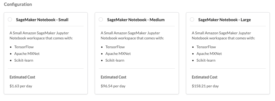 configuration screenshot: When a user creates a workspace from a template, they not only choose the type of workspace, but also are given multiple options of environment sizes to choose from.