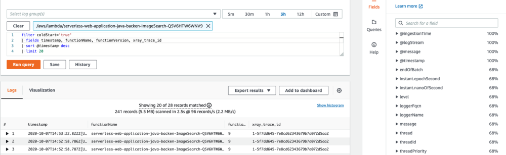 Screenshot of a Lambda cold start output, with key fields displayed.