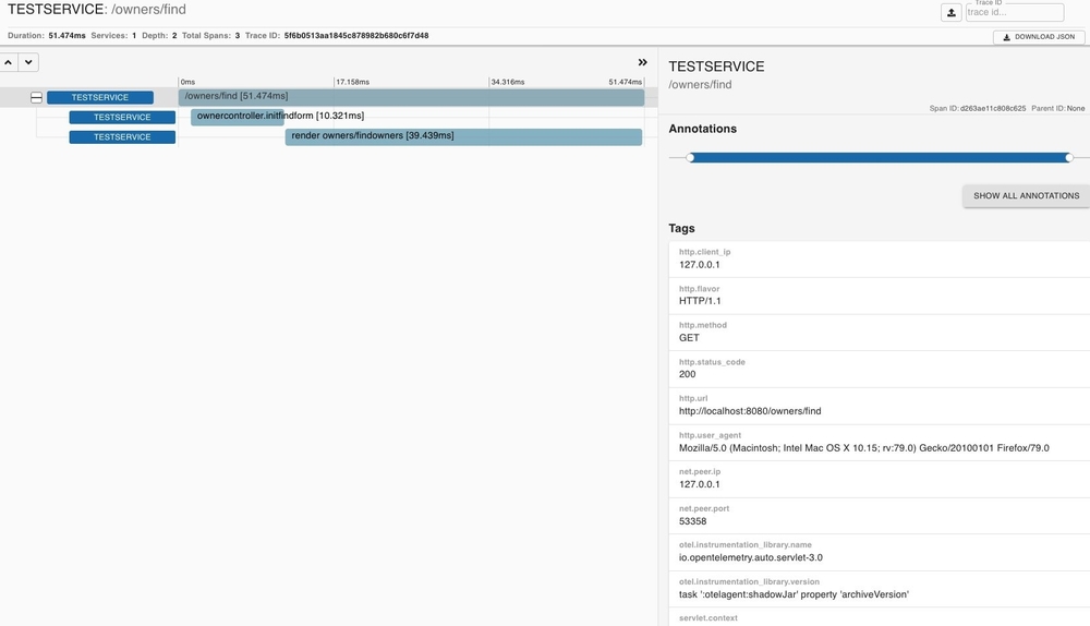 Screenshot of the Zipkin UI showing the traces of an application.