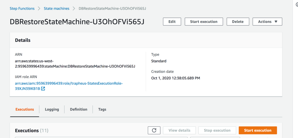 Screenshot of DBRestoreStateMachine definition in the AWS CloudFormation section of the AWS Management Console.