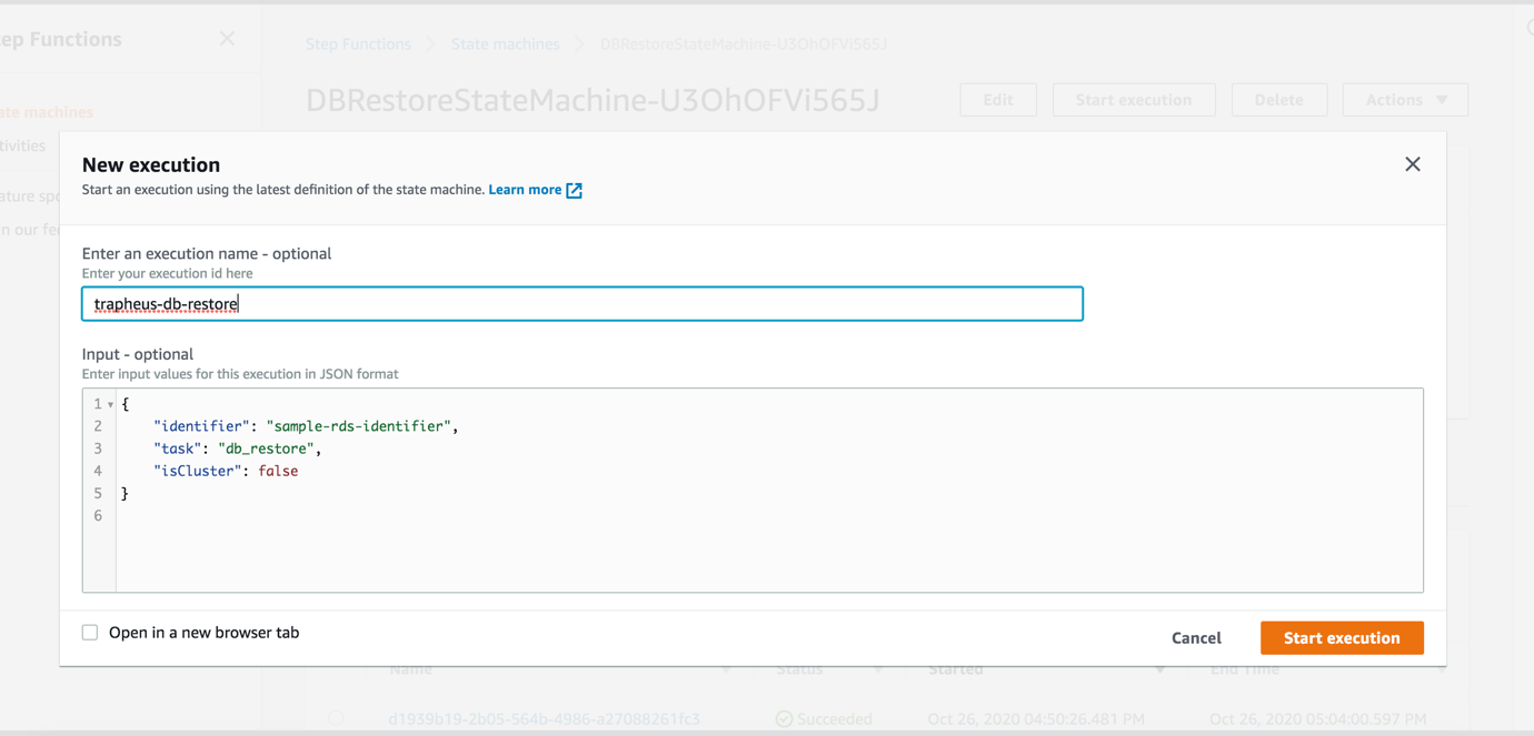 Screenshot of AWS Management Console when starting a new execution.