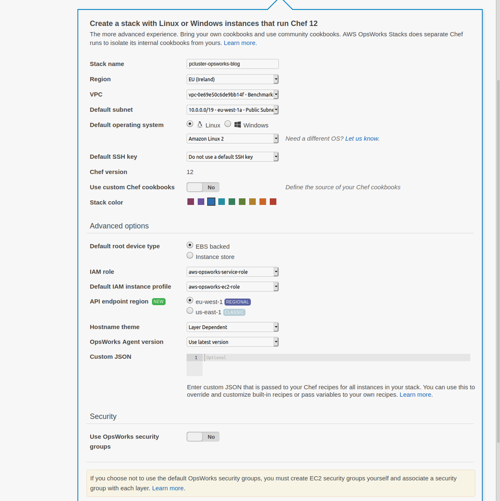 Screenshot of settings when creating a new OpsWorks stack.