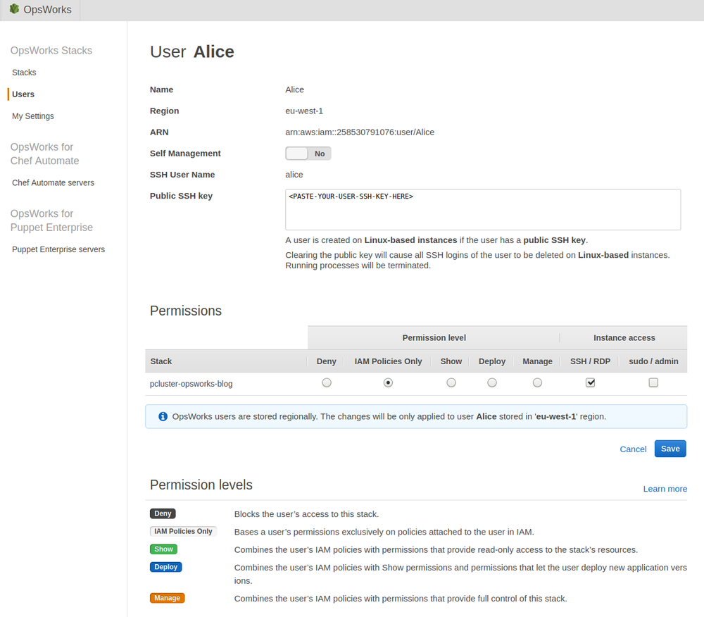 Screenshot of user settings within OpsWorks.