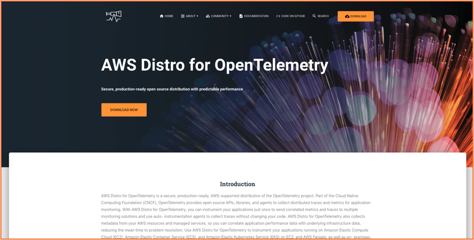 Screenshot of the AWS Distro for OpenTelemetry download page.