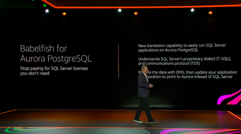 Andy Jassy on stage during re:Invent week 1, introducing Babelfish for Aurora Postgresql