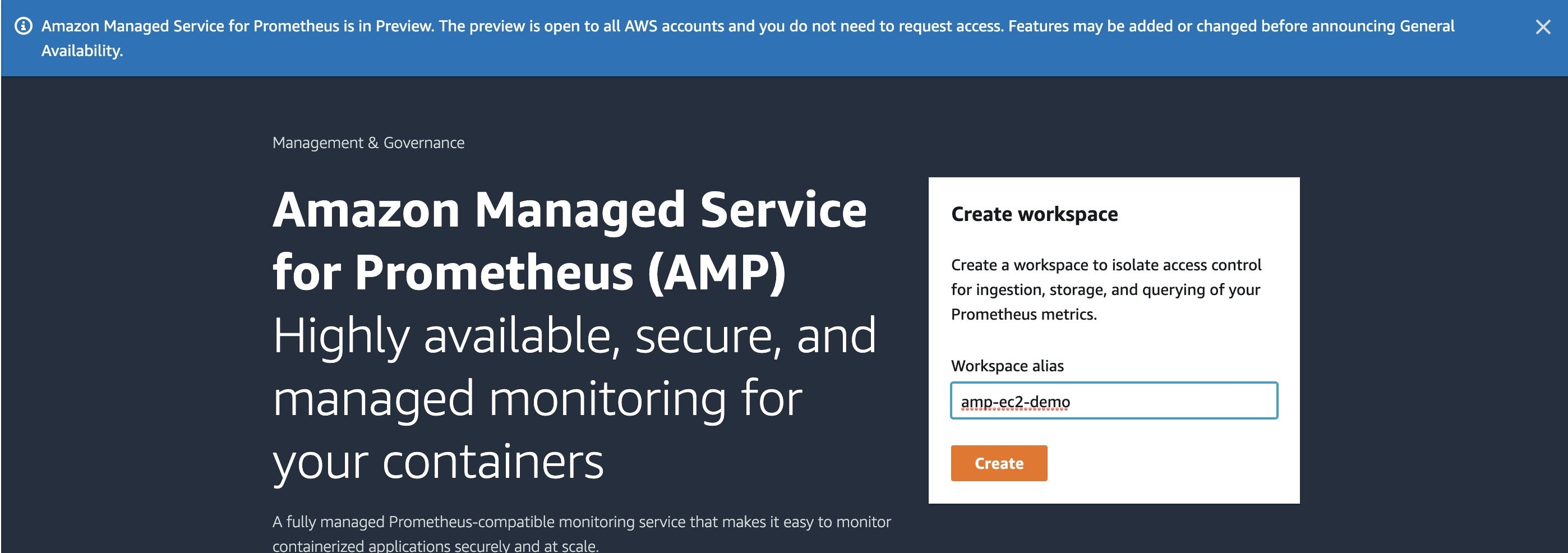 Screenshot of AMP within AWS console.