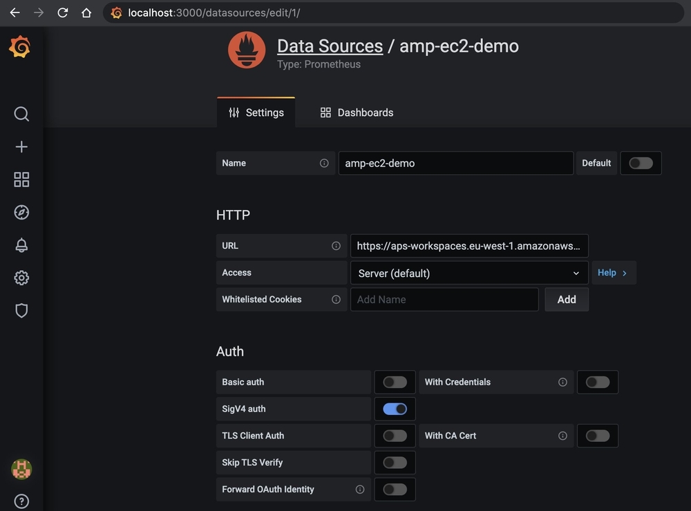 Screenshot of Grafana datasource cofig page.