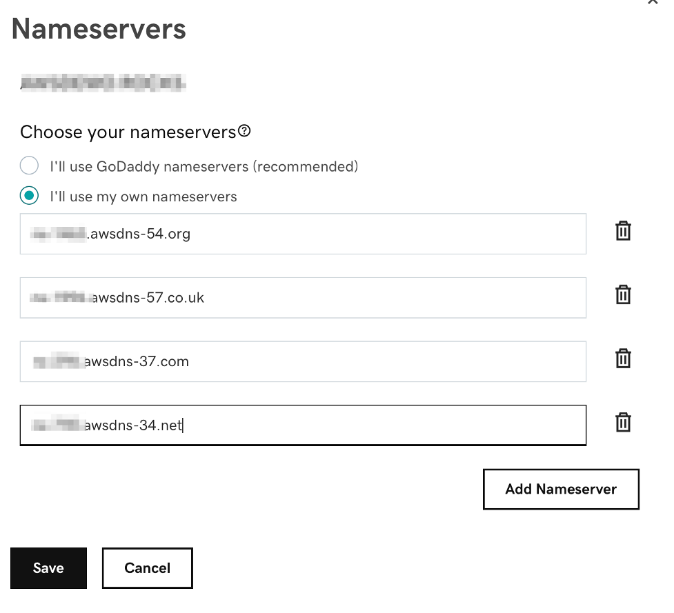 Example screenshot showing GoDaddy nameservers and "own nameservers"