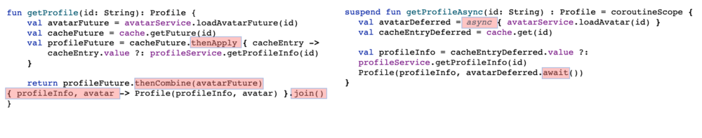 Screenshot highlighting the difference between blocking implementation versus futures and coroutines.