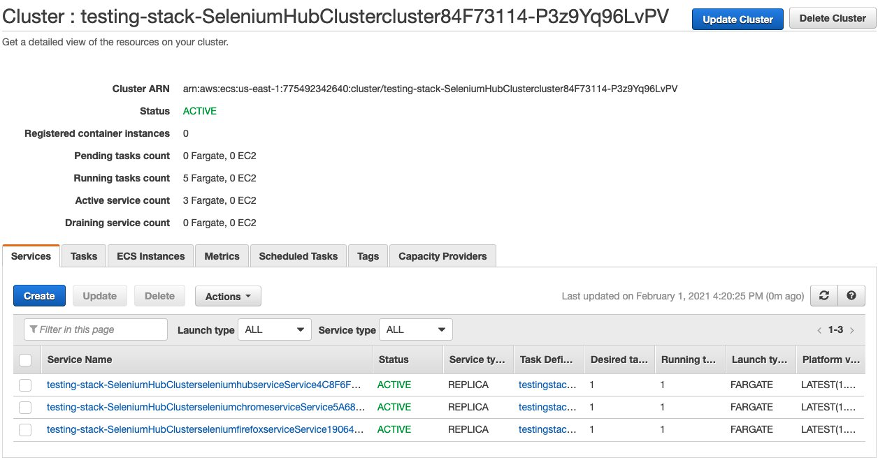 preview of ECS services running with just one instance after scaling down to the desired capacity