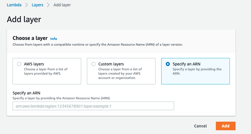 Screenshot of steps to creating a new Layer through specifying an ARN.