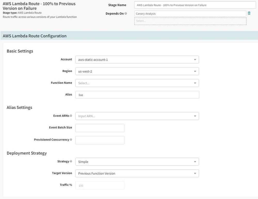 Screenshot of details when adding Lambda Route stage to configure traffic to previous version on canary analysis failure.