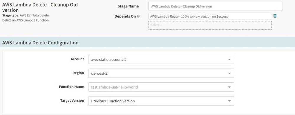 Screenshot of configurations for the Lambda Delete stage.