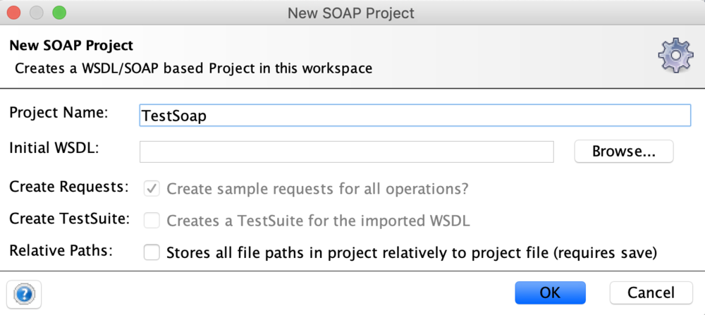 New SOAP project details where project name is TestSoap.