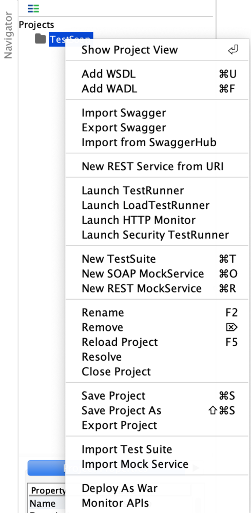 Context menu of the TestSoap project displaying the option of "New REST Service from URI".