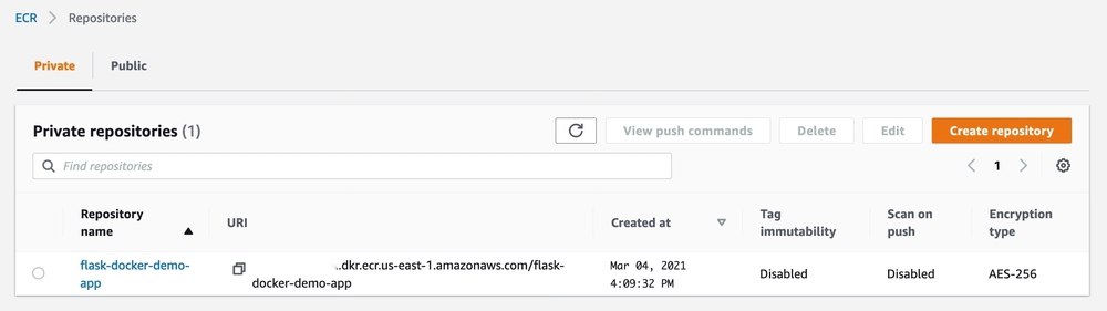 List of private repositories in the AWS console showing the flask-docker-demo-app repository.