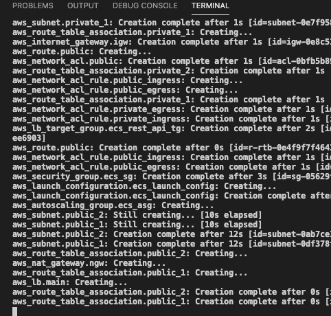 Console output showing the status of the resources as they are being provisioned during the build process.