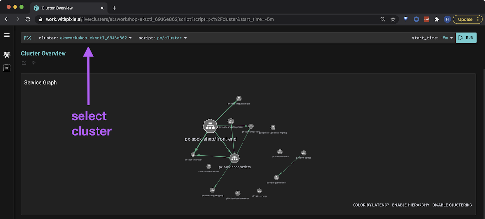 Shows how to select your Kubernetes cluster in the Pixie console