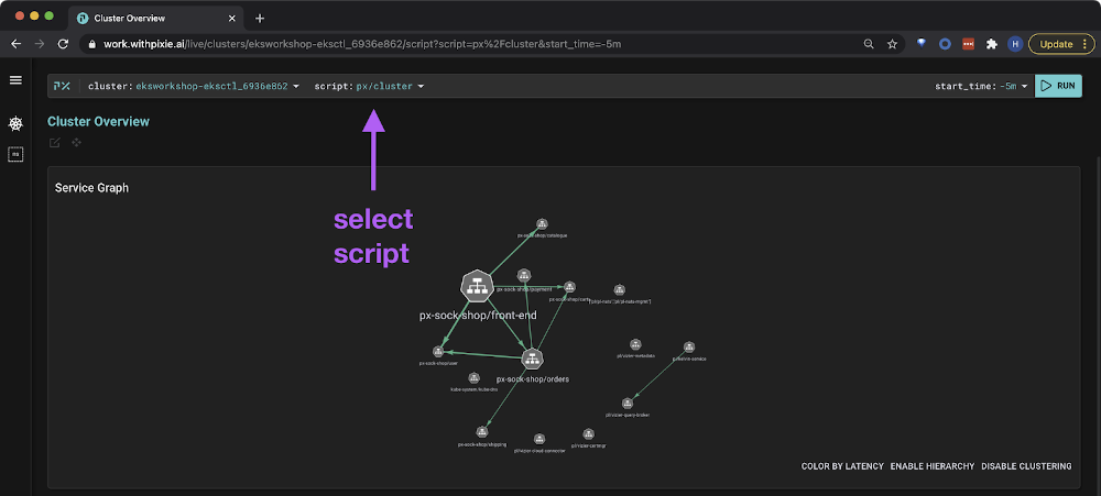 Shows how to change the PxL script in the Pixie console