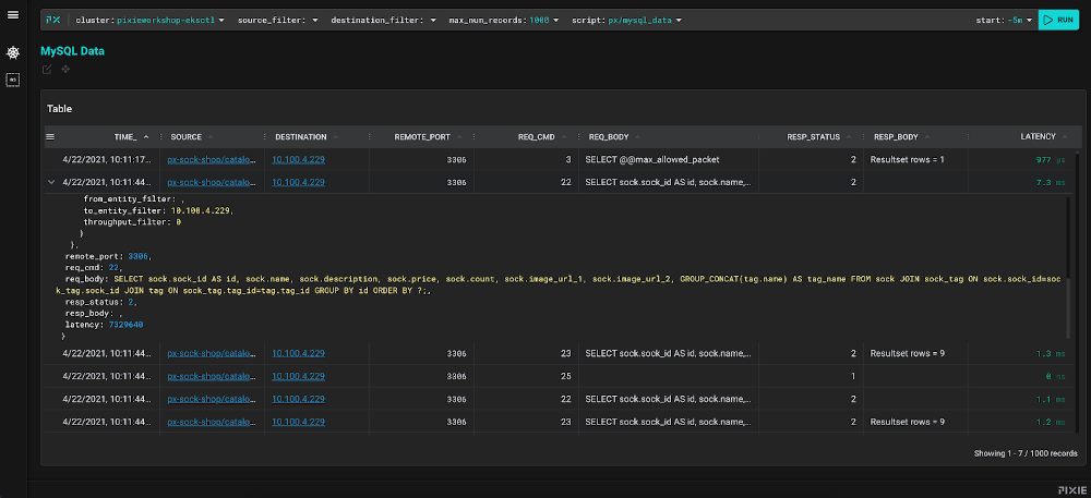 Highlights Pixie providing insight to SQL Queries originating from a Kubernetes Deployment