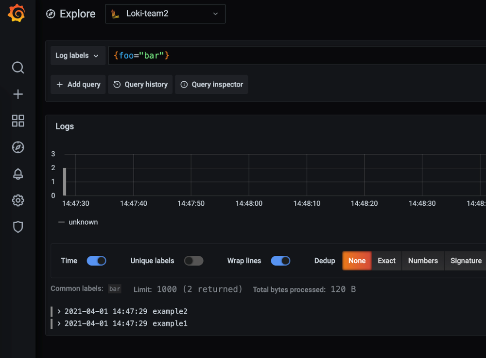 Grafana console querying logs