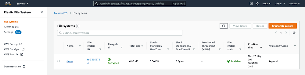 screenshot of the "create file system" button with the new demo filesystem in EFS