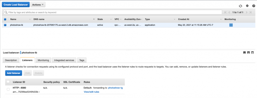 screenshot of dashboard with photoshow with button to create load balancer and listener ID